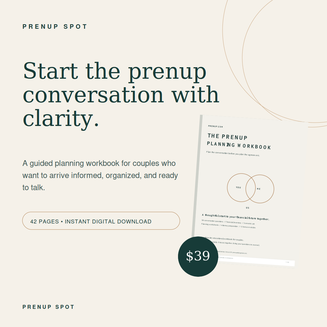 The Prenup Planning Workbook, a 42-page instant digital download for $39